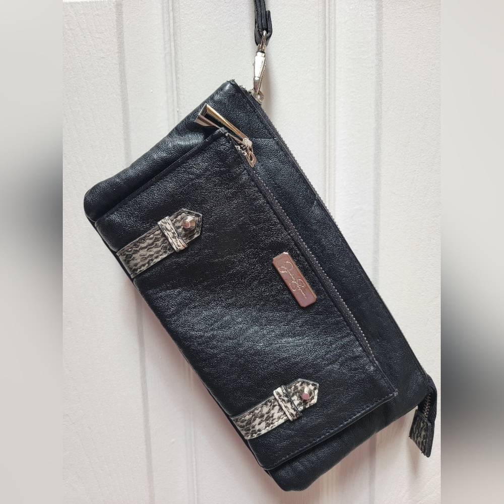 Jessica Simpson Black Wristlet with Snake Print Accents